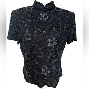 Papell Boutique Top Women’s Size XL Black Beaded Floral ShortSleeve Silk Lined